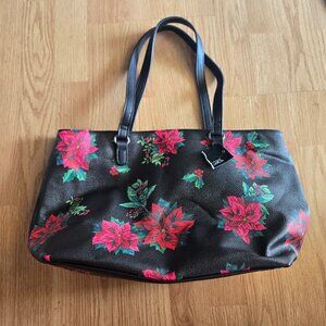 Kim Rogers Poinsettia Floral Tote Bag – Faux Leather Holiday Purse – NWT